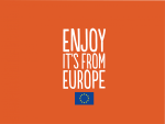 EU logo Enjoy it's from Europe logo. Het heeft een oranje achtergrond met witte tekst en het EU vlagje met sterretjes.
