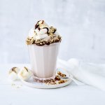 Een chocolademilkshake staat te shinen in het midden van de foto. Hij is afgewerkt met geroosterde marshmallows en vers gesmolten chocolade. Crazy shake ten top!