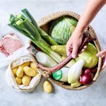 Mand staat op het aanrecht en is gevuld met heerlijke producten van eigen bodem. Denk maar aan prei, witte kool, witloof, yoghurt, uien, krieltjes, varkensvlees... Klaar om meteen aan de slag te gaan. 