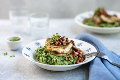 Griet met spekjes, champignons en spinaziepuree Griet met spekjes, champignons en spinaziepuree