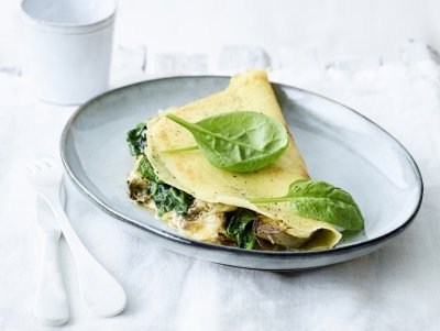 Hartige pannenkoek met spinazie en Belgische brie Hartige pannenkoek met spinazie en Belgische brie