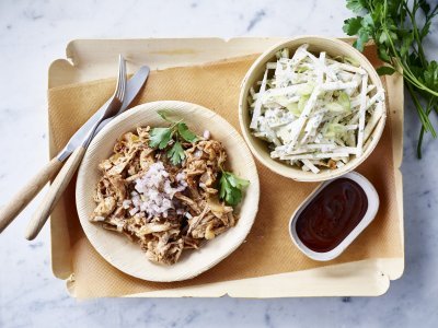 Pulled chicken met bier en koolrabislaatje