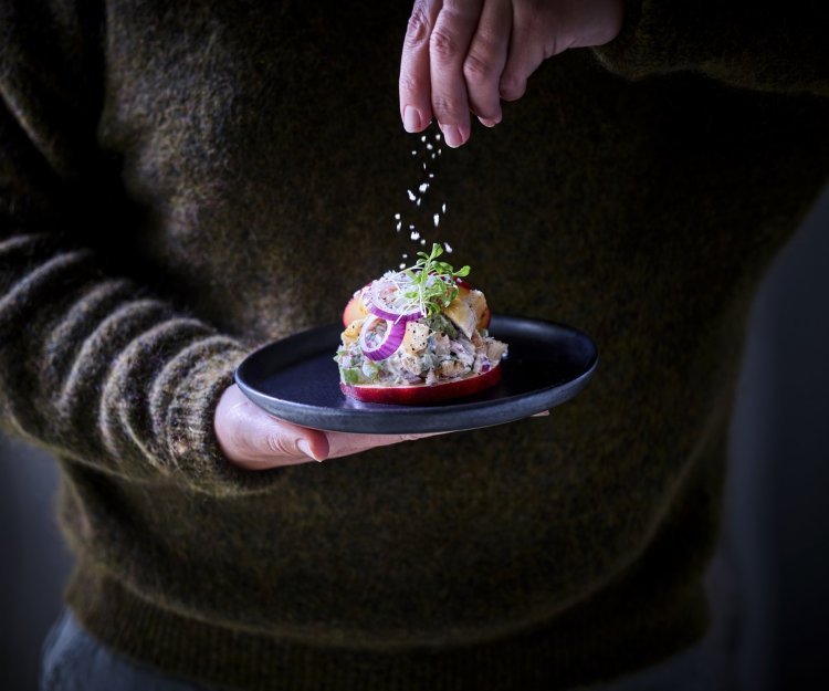 Een smaakvol voorgerechtje ligt op een zwart bordje. De waldorfsalade is gepimpt met kippenreepjes en gepresenteerd op een schijfje appel, instant feestlook! 