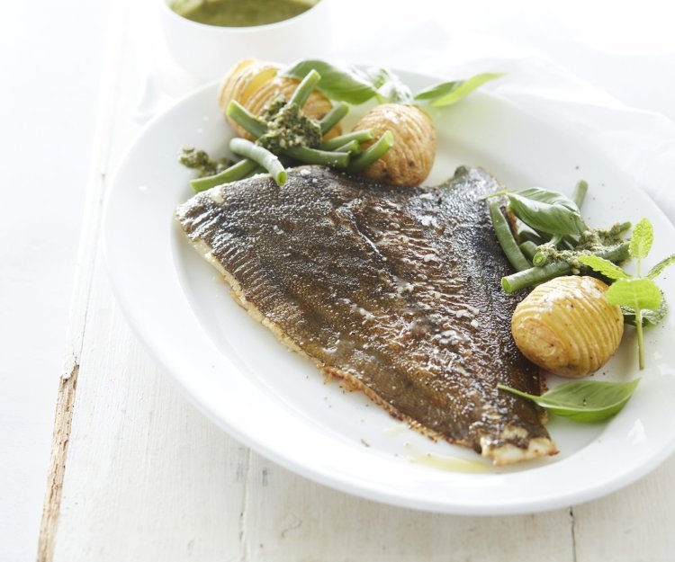 Gebakken pladijs met hasselback aardappelen, boontjes en salsa verde De gebakken pladijs op de graat ligt op een groot wit ovaal bord. Wij serveren hem met boontje langs en enkele hasselback potatoes. Het bord staat op een witte houten tafel en de salsa verde staat apart in een potje boven het bord.