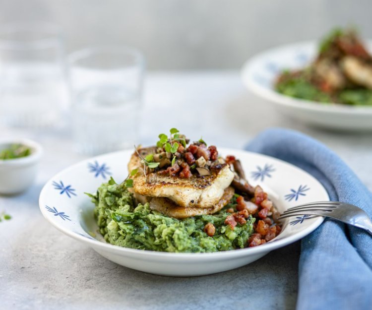 Griet met spekjes, champignons en spinaziepuree Griet met spekjes, champignons en spinaziepuree