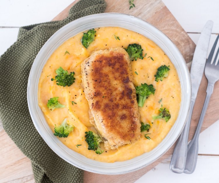 Groentepuree met krokant gebakken koolvisfilet Groentepuree met krokant gebakken koolvisfilet