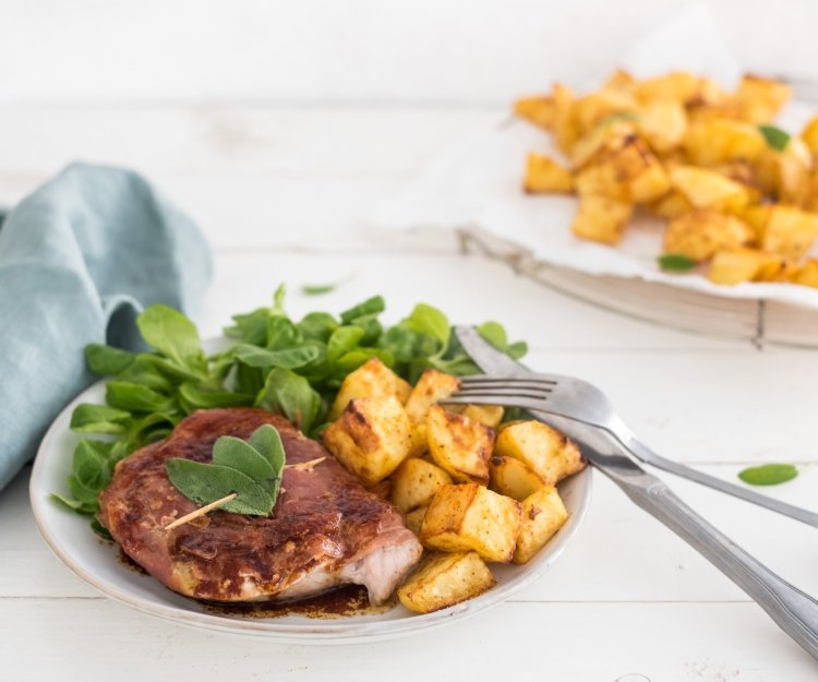 Geroosterde aardappelen met mosterdsmaak en saltimbocca Geroosterde aardappelen met mosterdsmaak en saltimbocca
