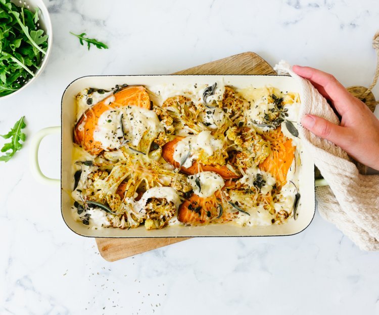 Lasagne met zoete aardappel, bloemkool en geitenkaas