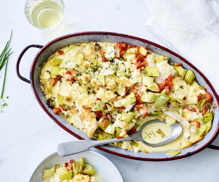 Pommes de terre, poireau et plie au four