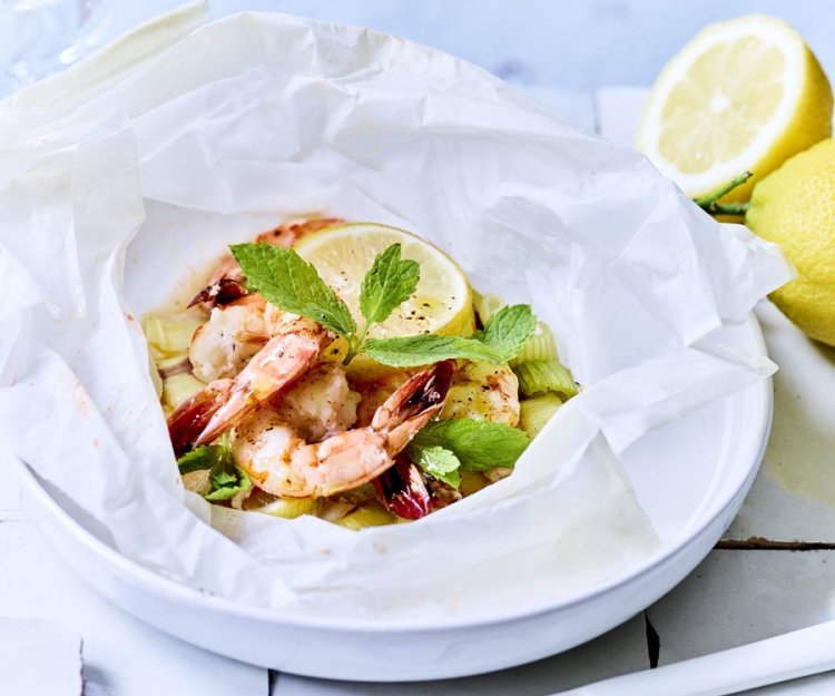 Papillote de langoustines et poireaux