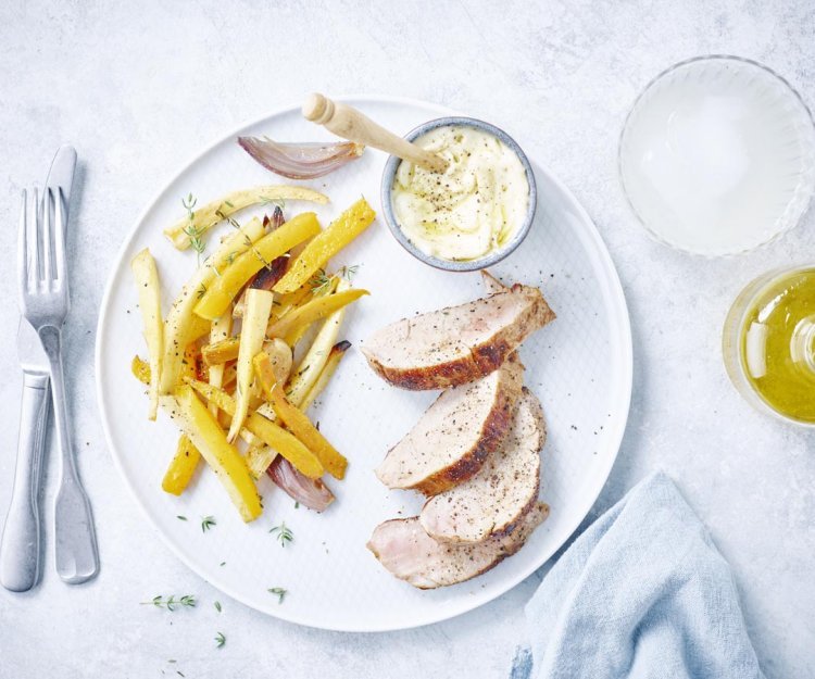 Varkenshaasje met geroosterde groenten en truffelmayonaise