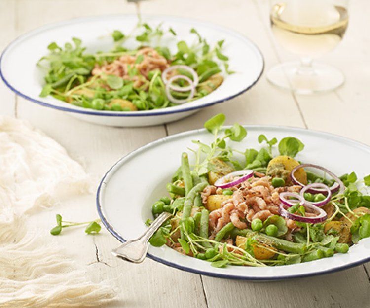 Gebakken krieltjes met garnalen, boontjes en pesto 