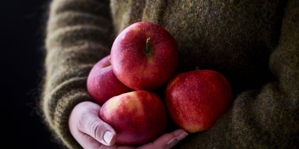 Vrouw houdt 4 appels vast tegen haar midden. Net zo zorgzaam als een kind dat ze zou dragen. 