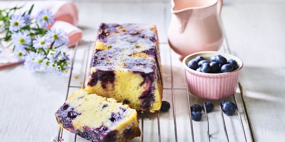 Citroencake met yoghurt, blauwe bessen en maanzaad Op een bakrooster ligt de citroencake af te koelen, hij heeft een prachtige kleur door de blauwe bessen die tinten van paars achterlieten in de smeuige cake. Er staat nog een extra portie blauwe bessen naast voor extra fruitplezier.