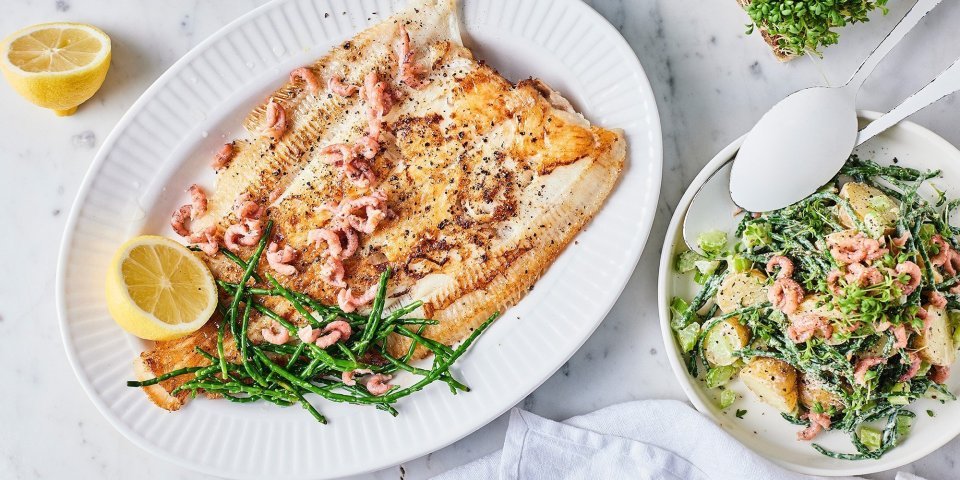 Gebakken schartong met zilte aardappelsalade Een heerlijk krokant visje afgewerkt met zeekraal ligt op een groot bord. Er zijn enkele garnaaltjes aan toegevoegd die mooi roze blinken. De aardappelsalade staat er langs in een witte kom met witte lepel. Om af te werken ligt er 1 citroen doormidden gesneden.