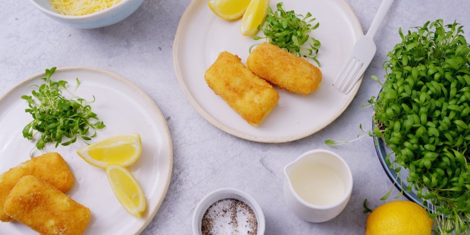 Twee witte bordjes staan op een licht grijze tafel, op elk bordje liggen twee kaaskroketten met partjes citroen en verse tuinkers. 