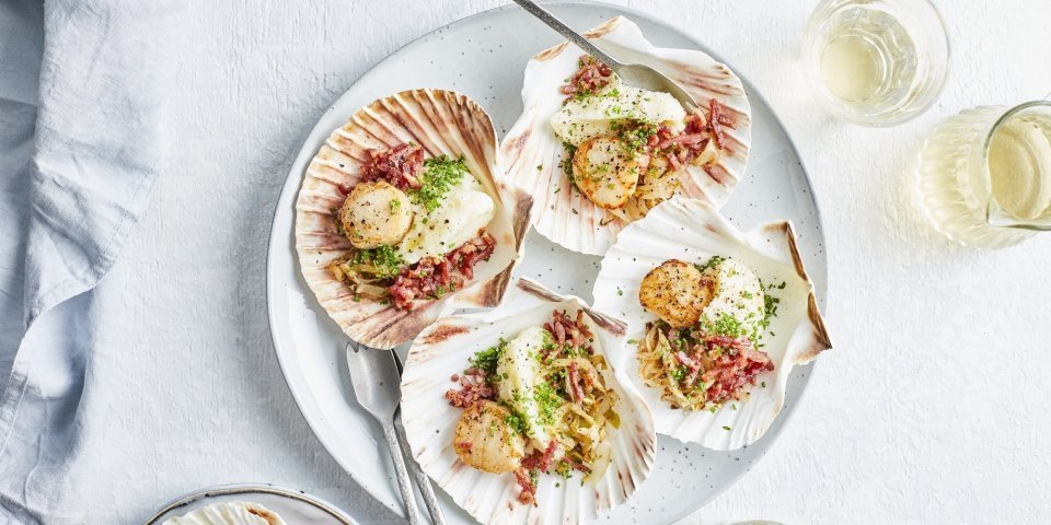 Sint-jakobsvruchten op een groot bord, opgediend in hun eigen Sint-jakobsschelp met bloemkoolmousse, witloof en spekjes. Glaasjes wijn en bestek ligt mee naast het bord, klaar om het feestmaal aan te vallen.