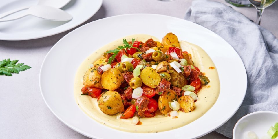 Spaanse aardappelsalade met aioli Een grote witte serveerschaal is gevuld met de aardappelsalade. Er werd eerst aioli opengesmeerd waarop de aardappelen, paparika, tomaatjes, olijven en chorizo op liggen. Een heerlijk bijgerecht met vele zuiderse smaken.