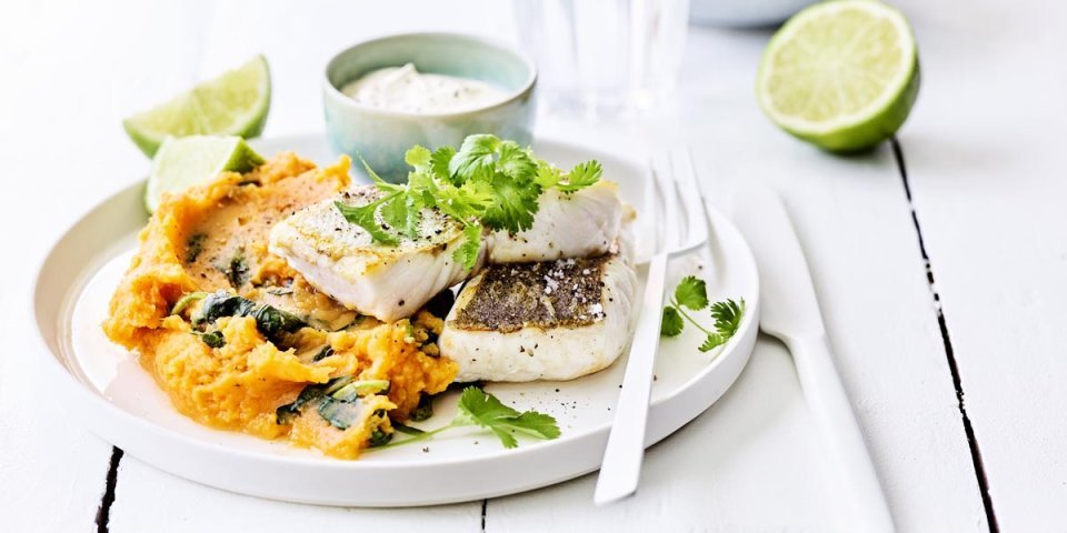 Heek met een puree van zoete aardappel Heek met een puree van zoete aardappel