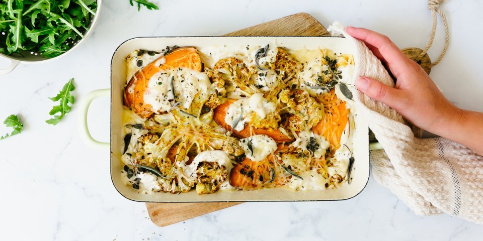 Lasagne met zoete aardappel, bloemkool en geitenkaas Lasagne met zoete aardappel, bloemkool en geitenkaas