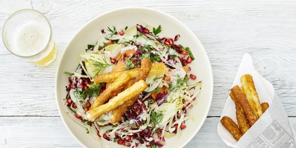 Gegrilde Berloumi met romige sla van witloof Gegrilde Berloumi met romige sla van witloof