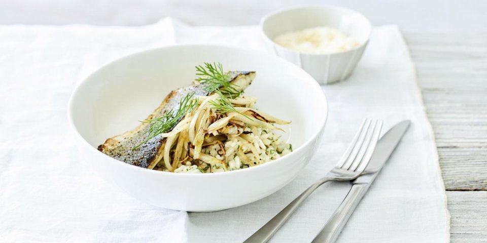 Risotto de fenouil, chicon et bar de mer Risotto de fenouil, chicon et bar de mer