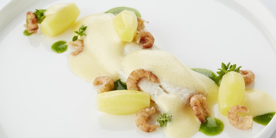 Pladijsfilets met sabayon van basilicum, limoen en handgepelde grijze Noordzeegarnalen Pladijsfilets met sabayon van basilicum, limoen en handgepelde grijze Noordzeegarnalen