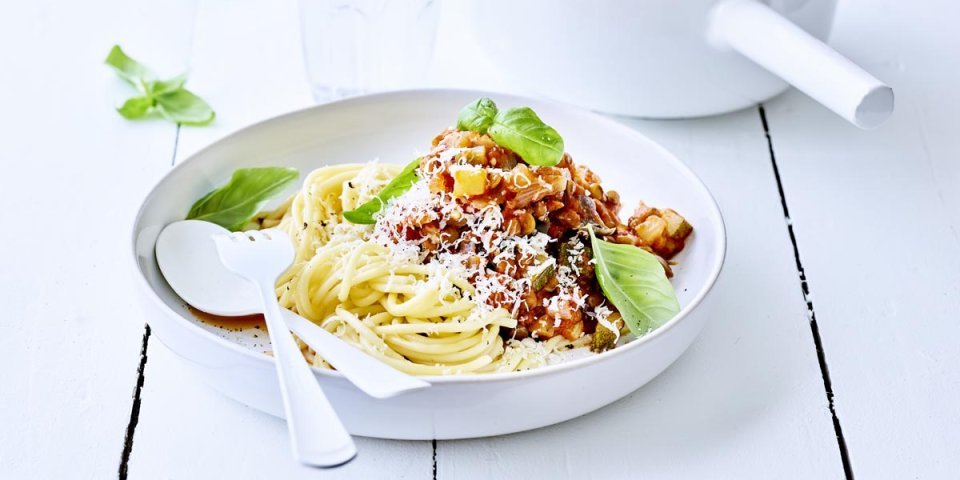 Vegetarische spaghetti bolognaise met linzen 