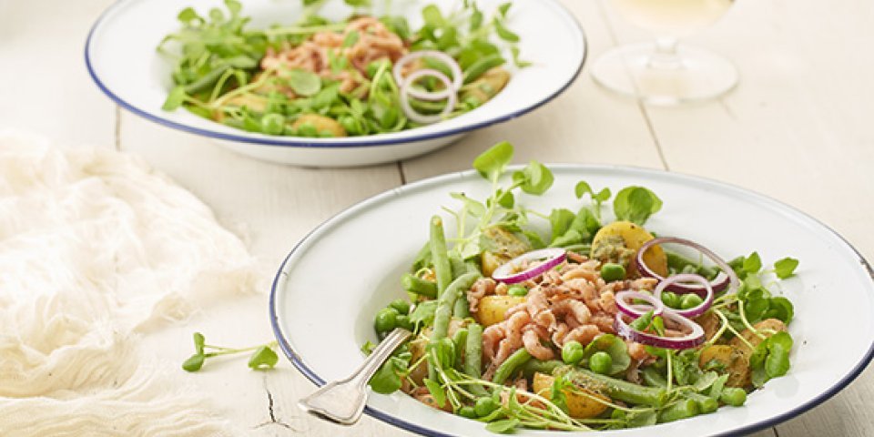 Gebakken krieltjes met garnalen, boontjes en pesto 