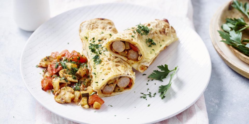 Wrap met worst, champignons en courgette Wrap met worst, champignons en courgette