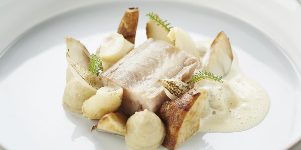 Hondshaai met aardpeer, wulken en Vermouth Hondshaai met aardpeer, wulken en Vermouth