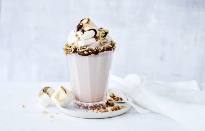 Een chocolademilkshake staat te shinen in het midden van de foto. Hij is afgewerkt met geroosterde marshmallows en vers gesmolten chocolade. Crazy shake ten top!