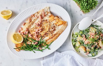 Een heerlijk krokant visje afgewerkt met zeekraal ligt op een groot bord. Er zijn enkele garnaaltjes aan toegevoegd die mooi roze blinken. De aardappelsalade staat er langs in een witte kom met witte lepel. Om af te werken ligt er 1 citroen doormidden gesneden.