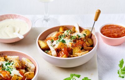 Er staan 2 ronde potjes op tafel gevuld met patatas bravas en zeekat. De sausjes zijn er ook bij opgediend om eventueel extra te nemen. 