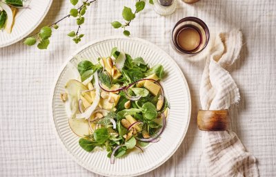 Een mooi wit bordje gevuld met een groene salade, gecombineerd met appel, venkel en oude kaas. Klaar om aan tafel te gaan. 