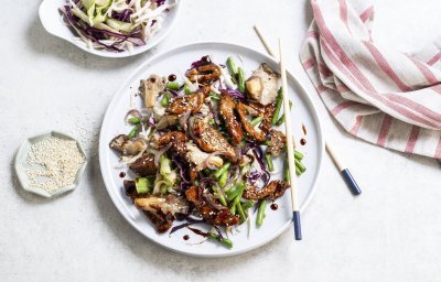 Op tafel staat een groot wit bord met hierop het gerechtje uitgeschept. Het vlees kreeg een mooi sticky kleurtje door de marinade. De boost aan groentjes is aanwezig in dit gerechtje. 
