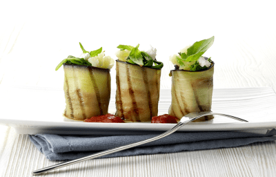 Cannelloni van aubergine met aardappelpuree en spinazie 