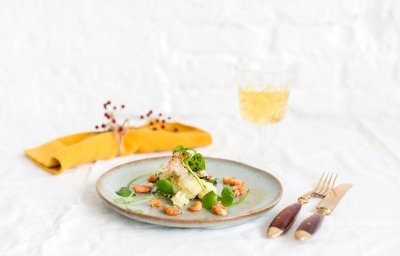 Stoemp met winterpostelein, grijze garnalen en langoustines