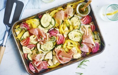Geroosterde groenten met gedroogde ham