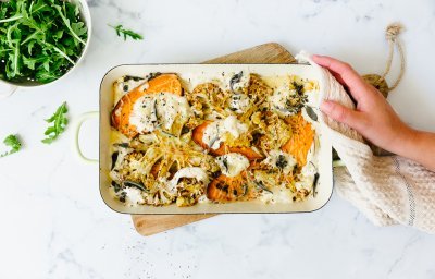 Lasagne met zoete aardappel, bloemkool en geitenkaas