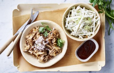 Pulled chicken met koolrabislaatje