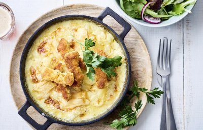 Tartiflette met krokante kalfsreepjes 