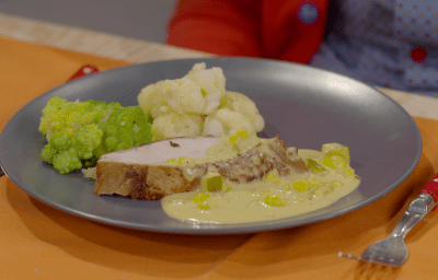 Varkensgebraad met blackwellsaus en bloemkool en romanesco