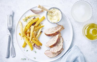 Varkenshaasje met geroosterde groenten en truffelmayonaise